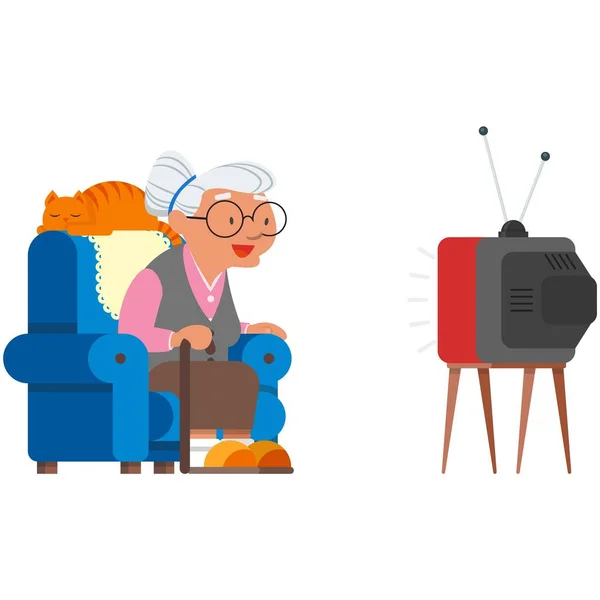 Старуха смотрит телевизор вектор пожилой бабушке нравится кино — стоковый вектор