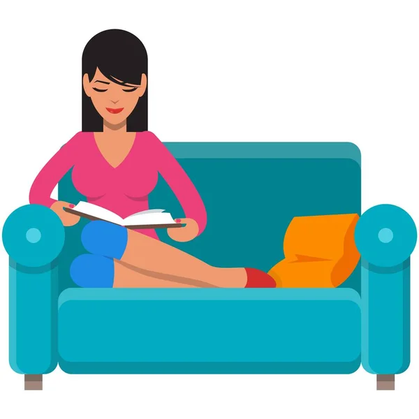 Mujer leyendo libro en casa sofá vector aislado en blanco — Vector de stock