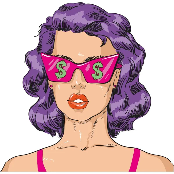 Pop art kobieta w okularach dolara wektor kreskówki — Wektor stockowy