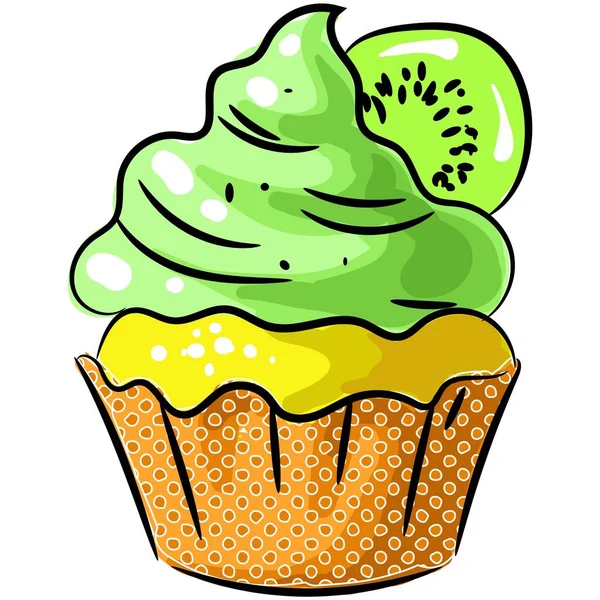 Vector cupcake with kiwi and cream icon isolated on white — Stock Vector