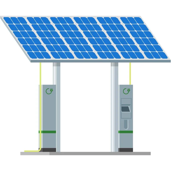 带太阳能电池板矢量的电动汽车充电站 — 图库矢量图片
