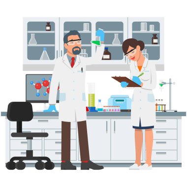 Bilim deneyi yapan vektör laboratuvar çalışanı.