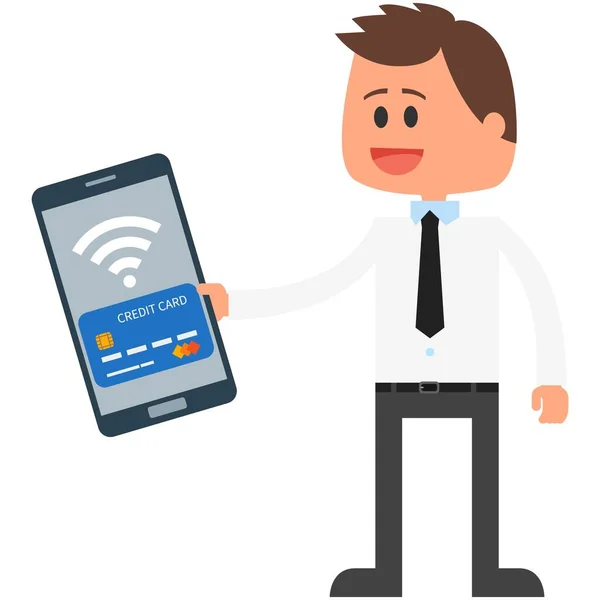 Векторный бизнесмен с мобильным платёжным приложением NFC — стоковый вектор