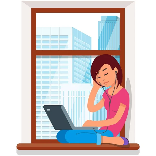 Heimarbeit Frau am Fenster bei Computer-Vektor-Illustration — Stockvektor