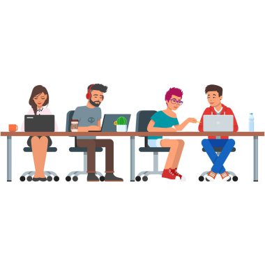 Beyaz üzerine ofis merkezi vektör illüstrasyonunu birlikte çalışan insanlar