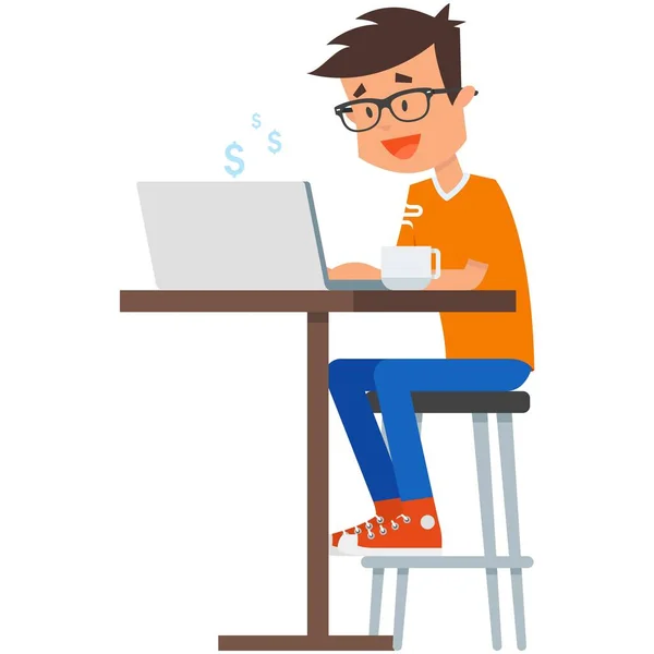 Freelancer mit Laptop am Cafétisch Vektor Illustration — Stockvektor