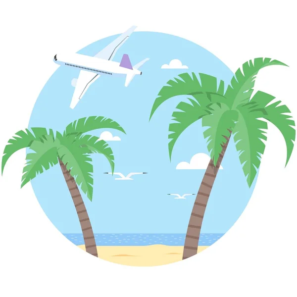 Vector beach with palm and airplane illustration on white — Stock Vector