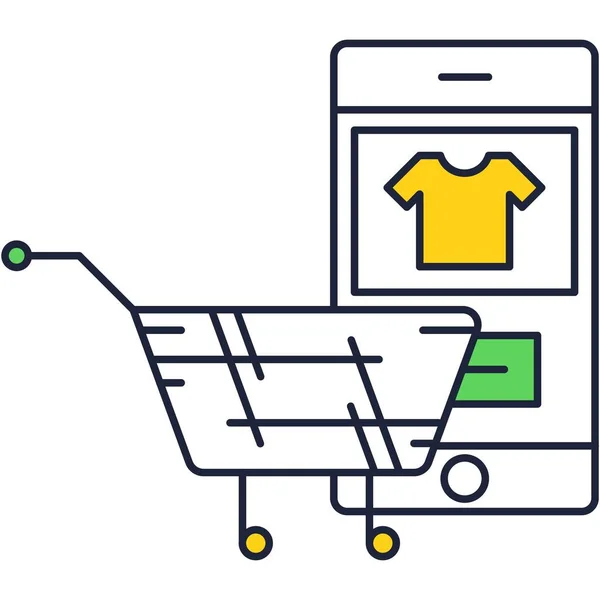 Compras on-line via ícone de vetor plano smartphone — Vetor de Stock