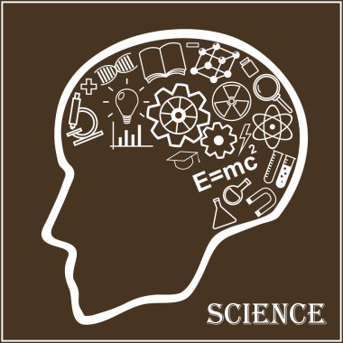 Human head and icons of science. Vector illustration in linear style.