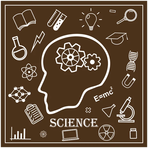 Cabeza humana e iconos de la ciencia. Ilustración vectorial en estilo lineal . — Archivo Imágenes Vectoriales