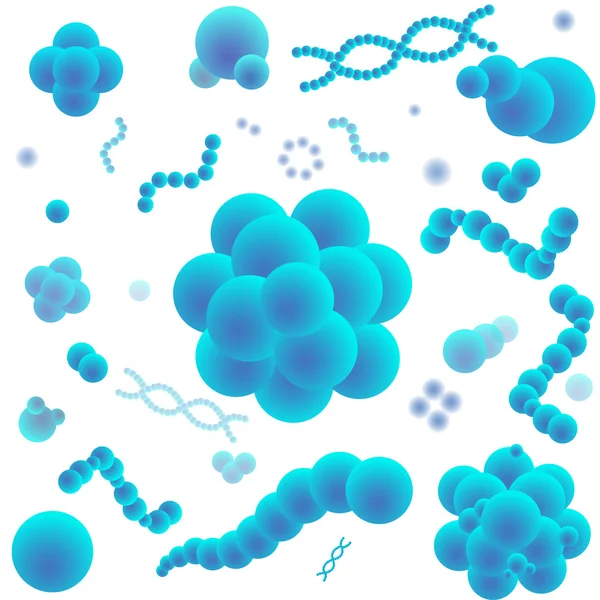 Células víricas azules, bacterias, moléculas y ADN sobre fondo blanco. Ilustración vectorial . — Vector de stock