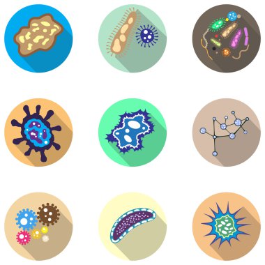 Bacteria, microorganism and virus cells icons set. Vector Illustration in flat style