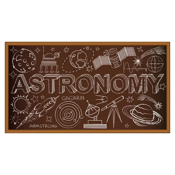 Tablero escolar garabato con símbolos de astronomía. Ilustración vectorial — Vector de stock