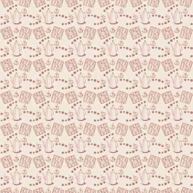 Kahve çekirdekleri ve kupa ile sorunsuz arka plan deseni. Vektör çizim