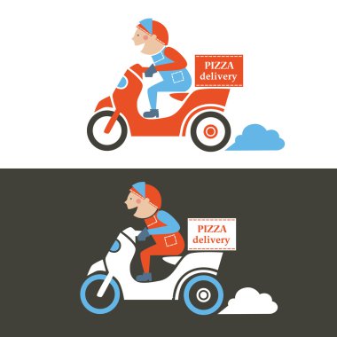 Bir scooter üzerinde pizza teslimi adam. İzole vektör çizim