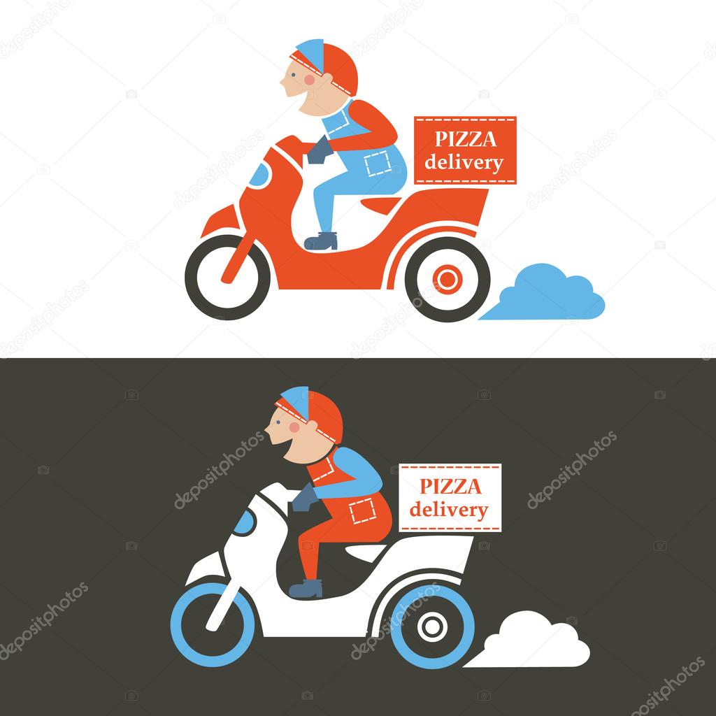 Pizza delivery guy on a scooter. Isolated vector illustration