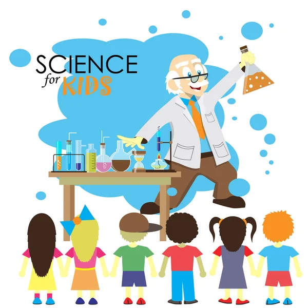 Science for kids. Cartoon scientist shows to kids chemistry experiment in laboratory. Vector Illustration — Stock Vector