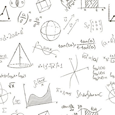 Çizim efekti tebeşir. Matematik formülleri ve grafikler beyaz arka plan üzerinde. Seamless modeli. Vektör çizim
