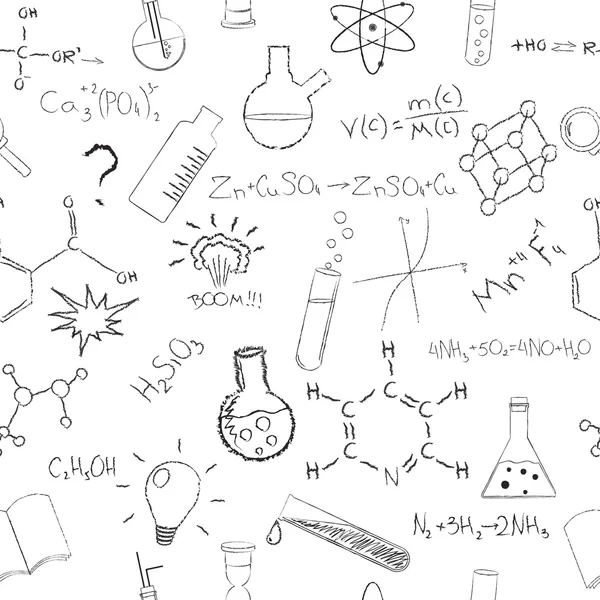 Fórmulas y frascos de química sobre fondo blanco. Patrón sin costuras. Ilustración vectorial — Archivo Imágenes Vectoriales