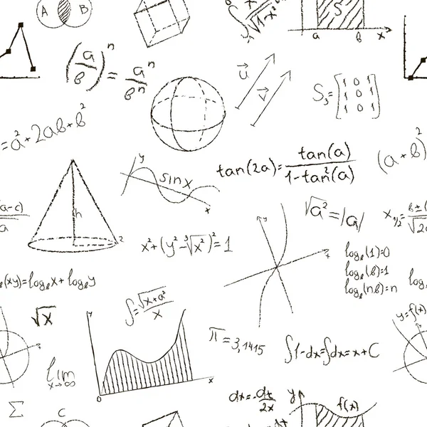 Efecto de dibujo de tiza. Fórmulas matemáticas y gráficos sobre fondo blanco. Patrón sin costuras. Ilustración vectorial — Archivo Imágenes Vectoriales