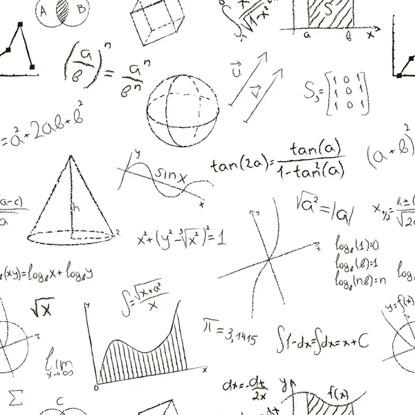 Effetto disegno a gesso. Formule matematiche e grafici su sfondo bianco. Schema senza soluzione di continuità. Illustrazione vettoriale — Vettoriale Stock