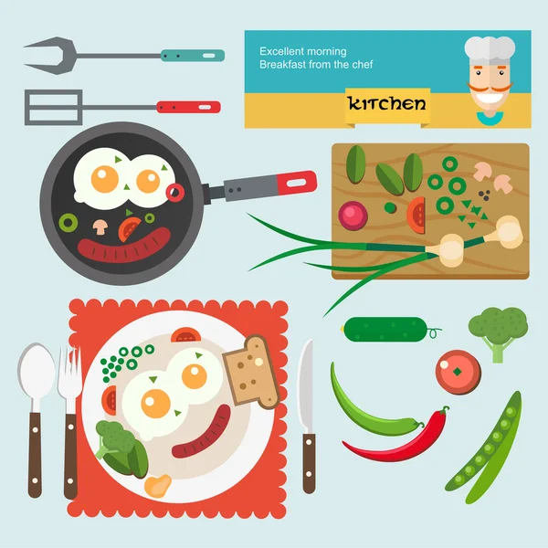 Ilustración vectorial de alimentos frescos para el desayuno en estilo plano . — Vector de stock