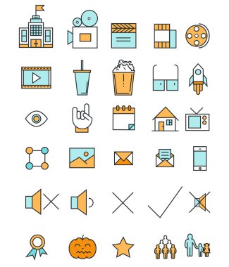 Sinema ve film endüstrisi satır simgeler düz tasarım ayarlayın. Web elemanları lineer tarzda. Vektör çizim