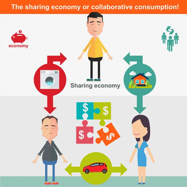 Compartiendo economía y concepto de consumo inteligente. Ilustración vectorial en estilo plano — Vector de stock