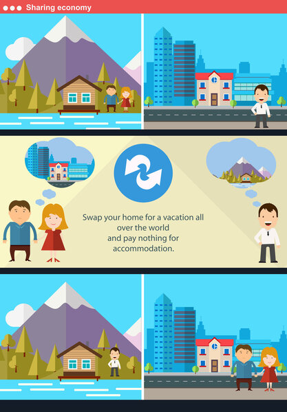 Sharing economy and smart consumption concept. Vector illustration in flat style