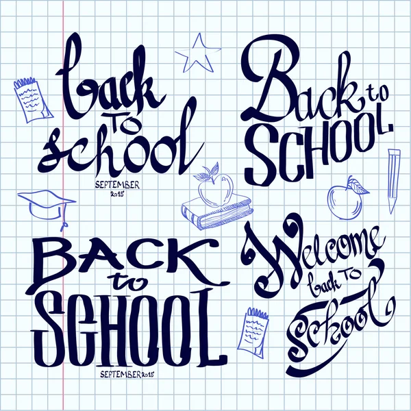 Back to school lettering and calligraphic on a sheet of exercise book. — Stock Vector