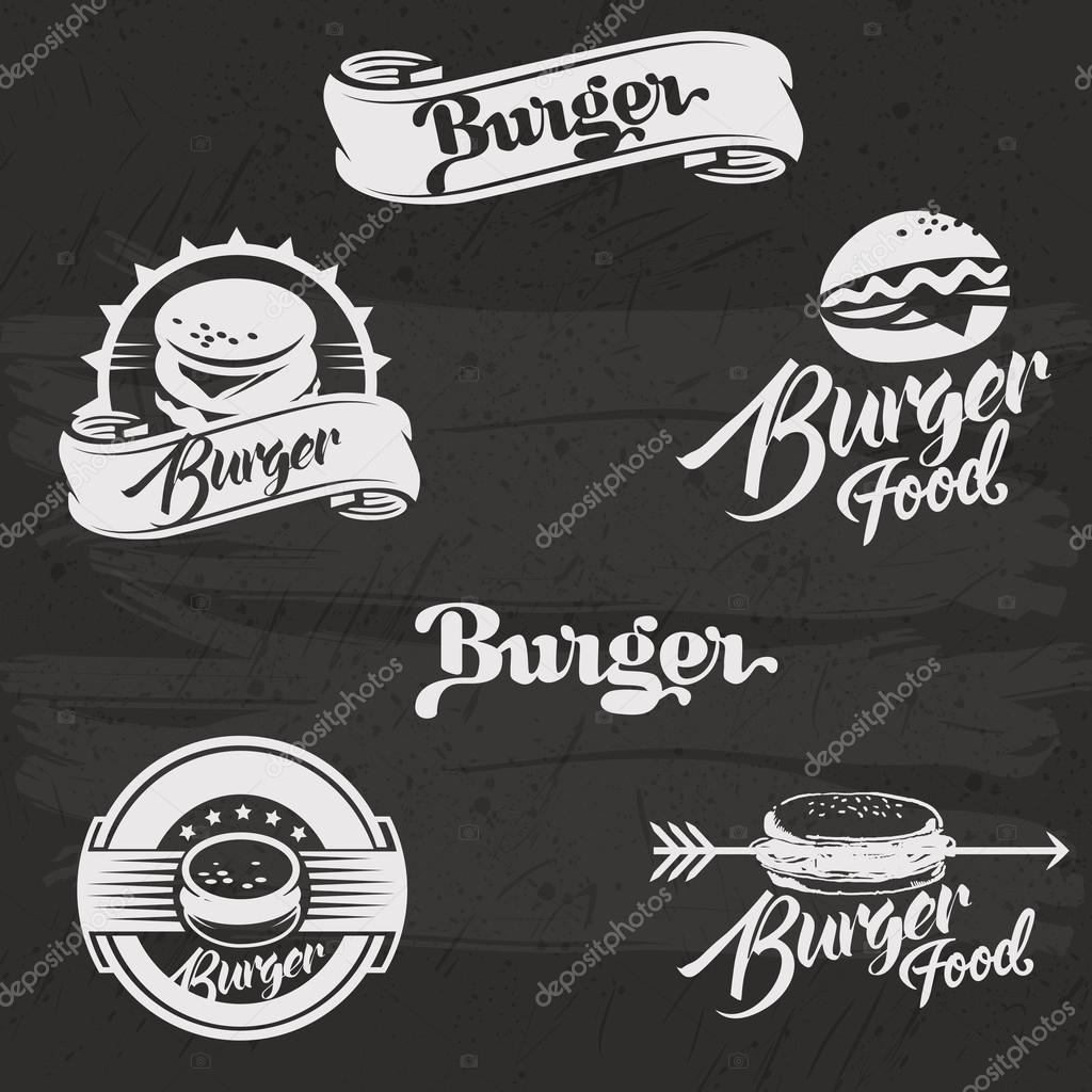 Burgers logo set in vintage style. Vector Illustration with lettering. Retro hand drawn burger logotypes collection