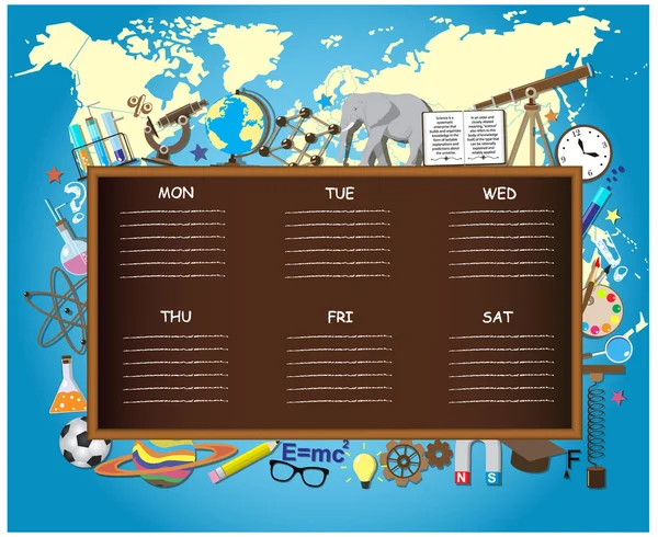 School schedule on chalkboard background with science symbols, supplies and design elements. — Stock Vector