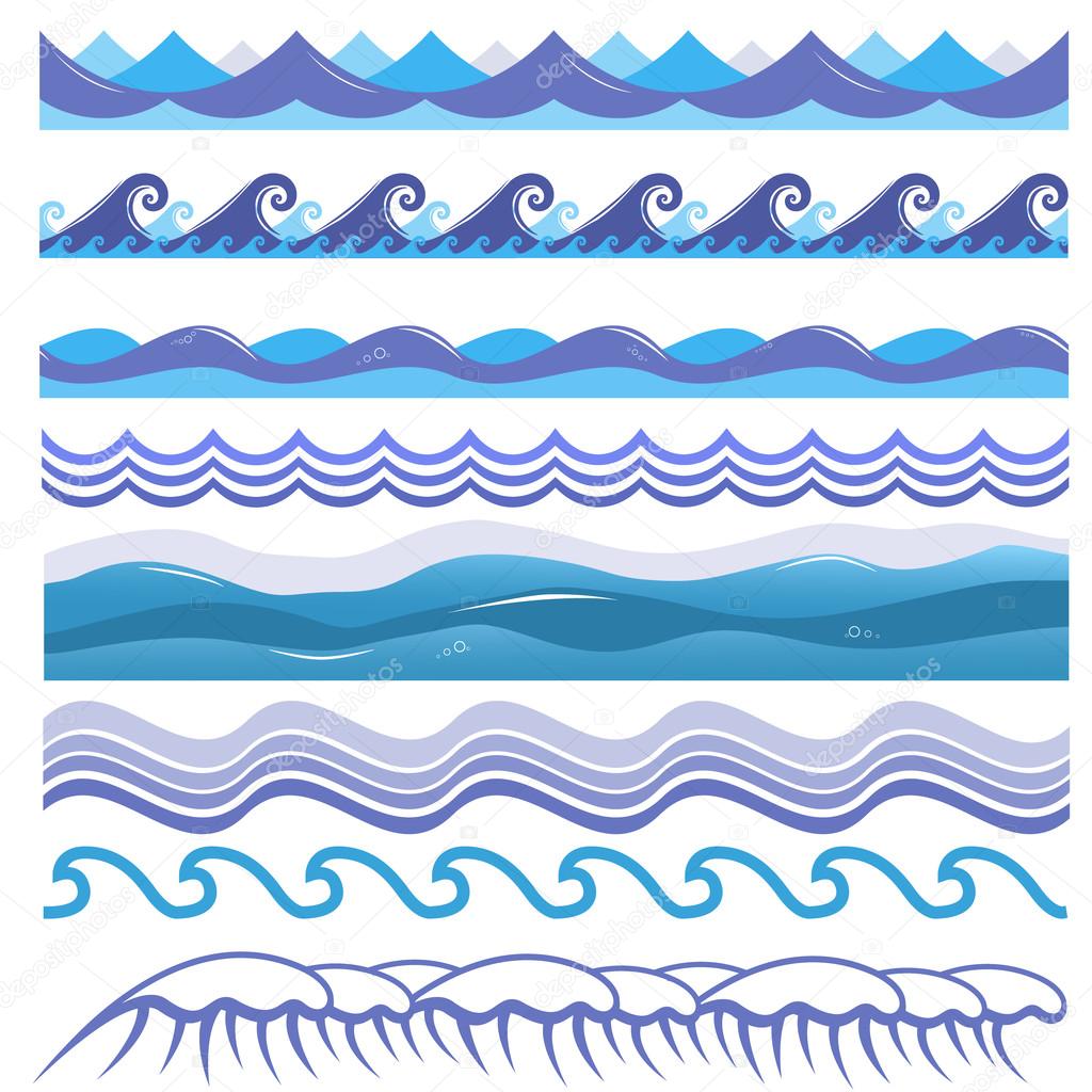 Vector illustration of ocean and sea waves, surfs and splashes. Seamless isolated design elements on white background. Blue marine patterns