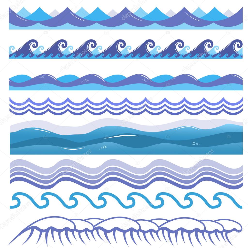 Vector illustration of ocean, sea waves, surfs and splashes. Seamless isolated pattern.