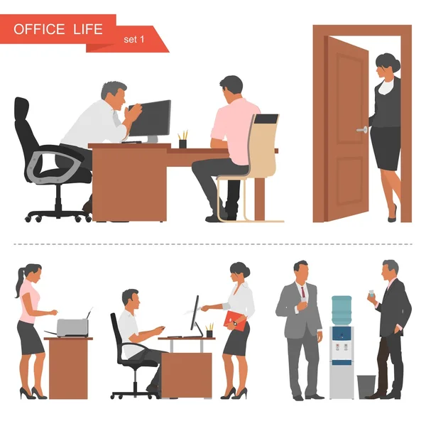 Επίπεδη σχεδίαση των επιχειρήσεων τους ανθρώπους και γραφείο εργαζομένων. Εικονογράφηση φορέας που απομονώνονται σε λευκό φόντο. — Διανυσματικό Αρχείο