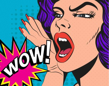 Wow Tabelalı Kadın. Vektör çizim pop sanat tarzı.