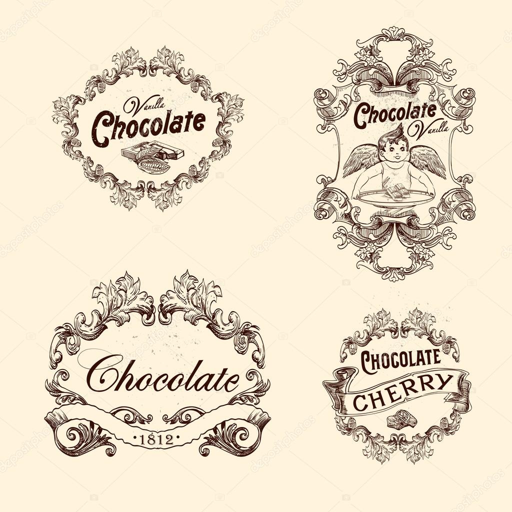 Vector set of chocolate labels, design elements, emblems and badges. Isolated logos illustration in vintage style