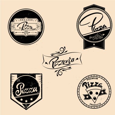 Vektör dizi pizza etiketleri, tasarım öğeleri, amblemler, rozetleri. Vintage tarzı resimde izole logolar.