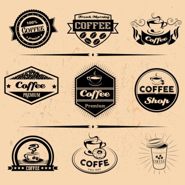 Kahve etiketleri, tasarım öğeleri, amblem ve rozetleri vektör kümesi. Vintage tarzı resimde izole logosu.
