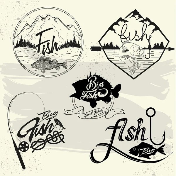 Vector set of fishing club labels, design elements, emblems, badges. Isolated logo illustration in vintage style. — Stock Vector