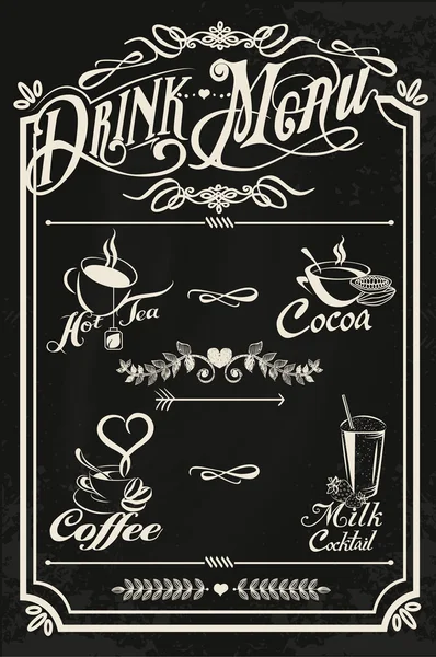 Restaurang dryck meny design med svarta tavlan bakgrund. Vektor illustration vintage stil. Hett te, kaffe, kakao, mjölk cocktail. — Stock vektor