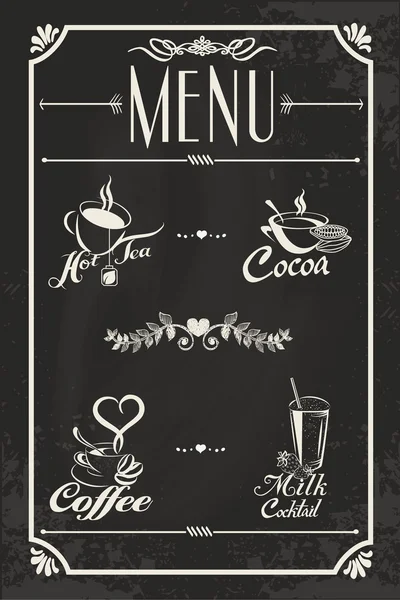 Restaurant drink menu design with chalkboard background. Vector illustration vintage style. Hot tea, coffee, cacao, milk cocktail. — Stock Vector