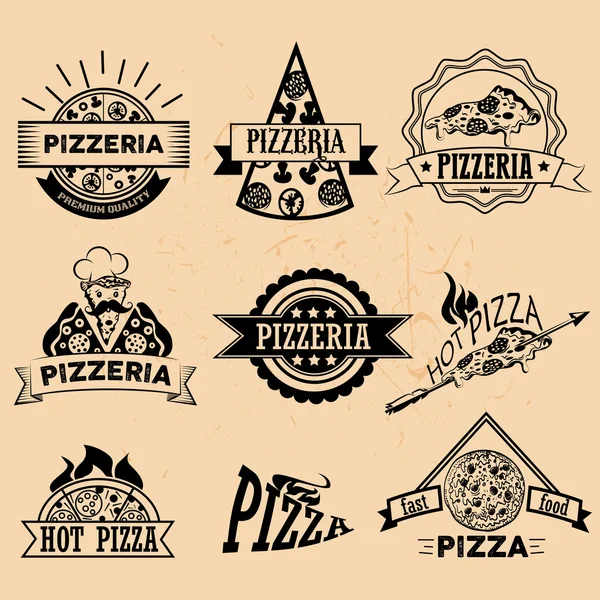 Набор этикеток пиццы в винтажном стиле. Значки, значки, эмблемы и элементы дизайна для ресторана пиццерии . — стоковый вектор