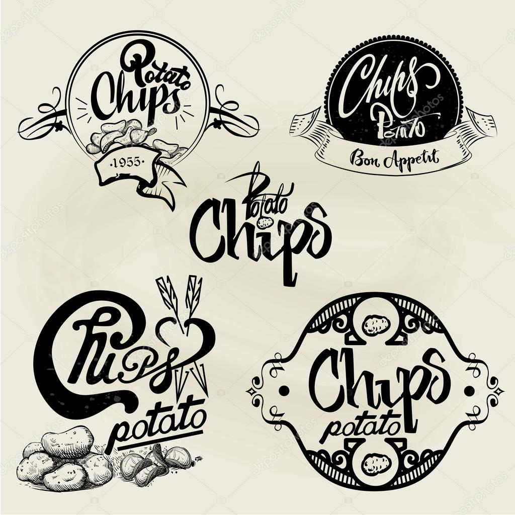 Vector set of potato chips labels, design elements, emblems and badges. Isolated logo illustration in vintage style