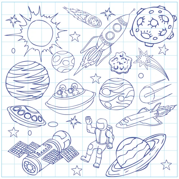 Sheet of exercise book with outer space doodles, symbols and design element. Cartoon background. Hand drawn vector illustration. — Stock Vector