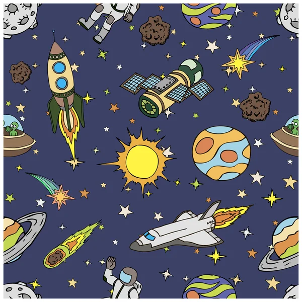 Seamless pattern with outer space doodles, symbols and design elements. Cartoon colorful background. Hand drawn vector illustration. — Stock Vector