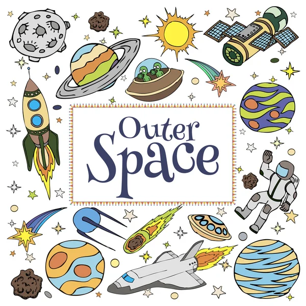 Outer Space doodles, symbolen en ontwerpelementen. Cartoon ruimte pictogrammen. Hand getrokken vectorillustratie. — Stockvector