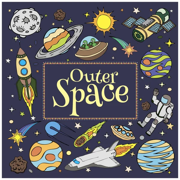 Outer Space doodles, symbols and design elements. Cartoon space icons. Hand drawn vector illustration. — Stock Vector