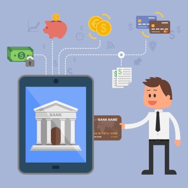 Vektör illüstrasyon kavramı internet bankacılığı. Simgeler için online mobil ödeme, kredi kartları, tel transferler ve para tasarruf banka.