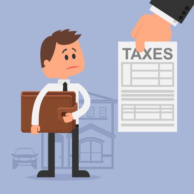 Cartoon vector illustration for financial management and taxes concept. Unhappy man with wallet got tax invoice. clipart